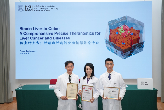 HKUMed’s world-first ‘Liver-in-Cube’ helps rapid evaluation of the efficacy and side effects of various drugs and therapies, advancing precise cancer treatment. (From left) Dr Oscar Yeung Wai-ho, Professor Man Kwan and Dr Liu Jiang.
 